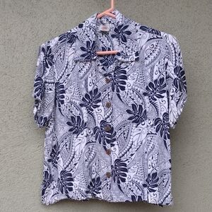 Makai Beach Hawaiian Navy White Button-Up Floral Rayon Camp Blouse Shirt S